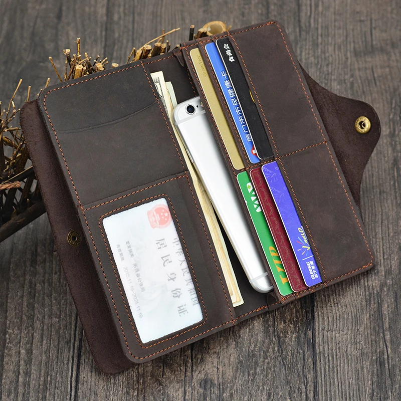 Men\'s Crazy Horse Leather Long Wallet Brown Real leather Trifold clutch snap purse Hasp purse with Phone pocket and coin pocket