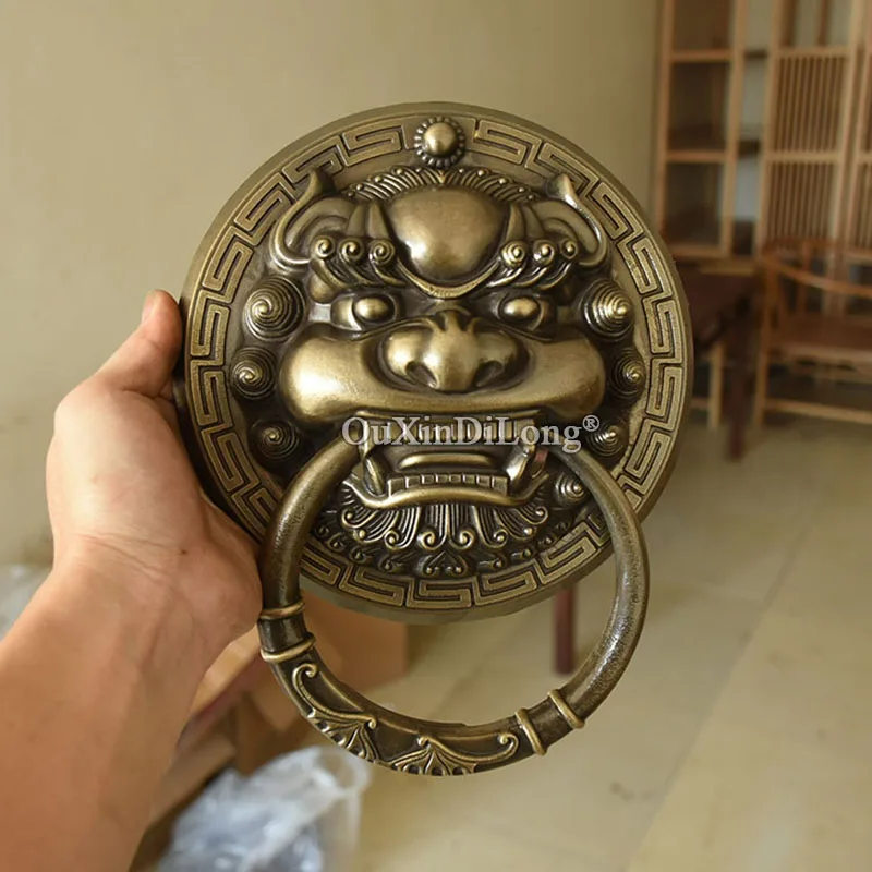 1PCS Chinese Brass Lion Head Heavy Antique Door Pure Copper Ring Beast Head Handle Pure Copper Craft Door Pull Ring  GF278