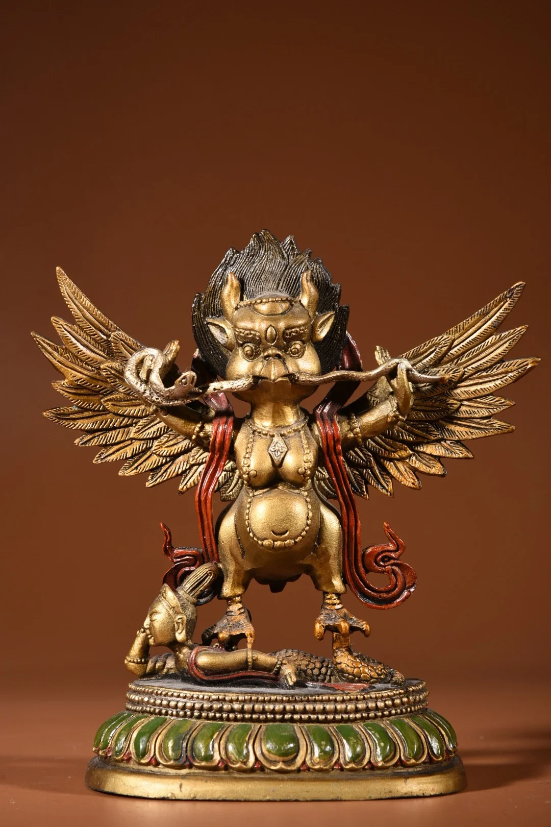 

7"Tibet Folk Old Bronze Painted Garuda Dhwaja Buddha Protector Worship Hall Town house Exorcism