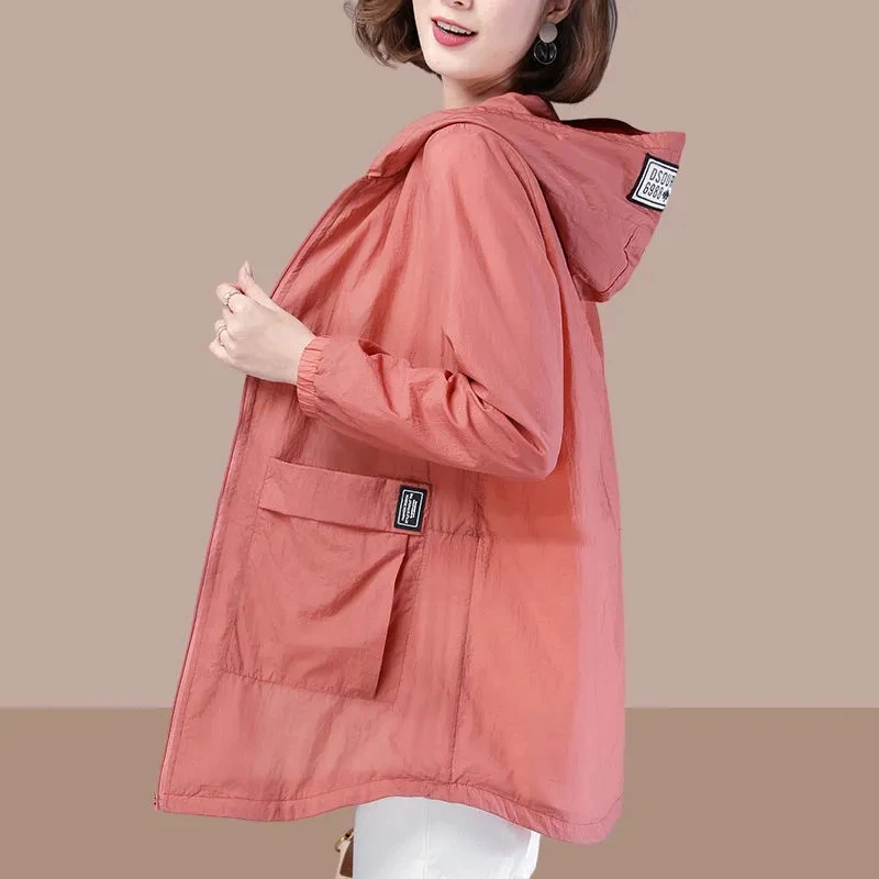 Chaqueta de protección solar para mujer, abrigo largo medio con capucha y cremallera, holgado, elegante, para primavera y verano, a la moda, 5XL, 2022