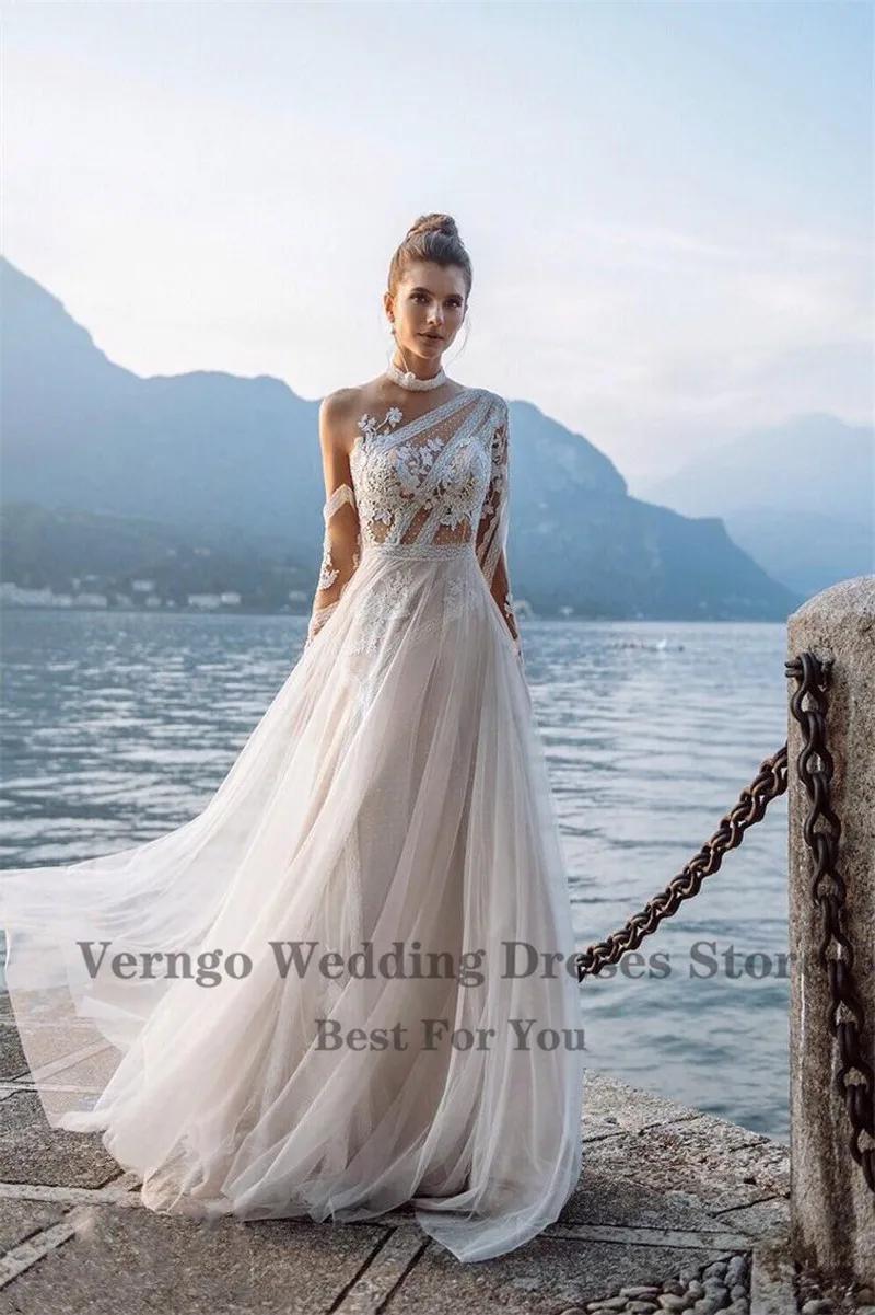 Verngo Strand Boho Trouwjurk Voor Bridal Lace Applique Lange Mouwen Een Lijn Rustieke Bruid Jurken Chic Elegante Robe De mariee 2021