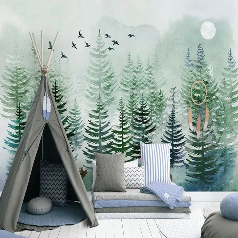 Custom 3D Photo Mural Nordic Hand Painted Pine Forest Elk Wallpaper Living Room Bedroom Background Wall Home Decor Wall Painting