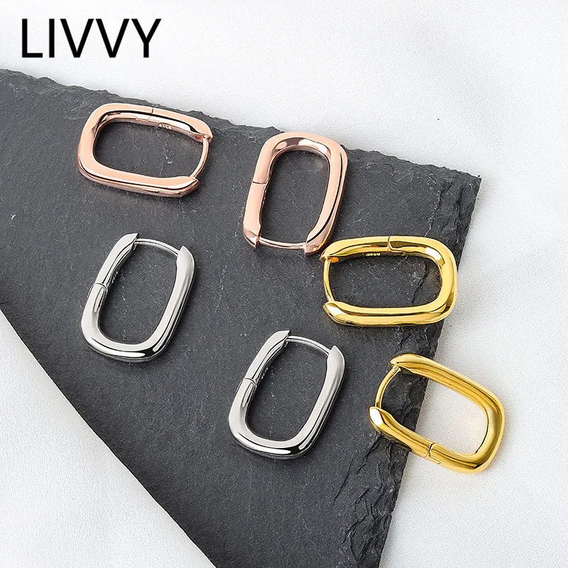 LIVVY Silver Color Geometric Oval Small Hoop Earrings For Women Color Prevent Allergy Earring Gift 2021 Trend