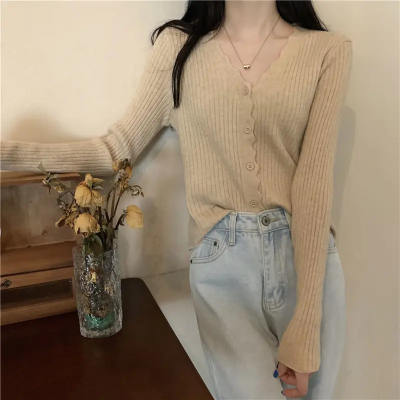 Cropped Cardigan Women Long Sleeve Slim Solid Color Knitted Simple V-neck Sweaters Elegant Outerwear Female Spring Fall Clothing