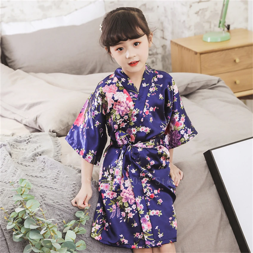 

Girls Kimono Yukata Japanese Traditional Style Silk Floral Pajamas Bathrobe Kids Summer Asian Leisure Sleepwear Nightgown