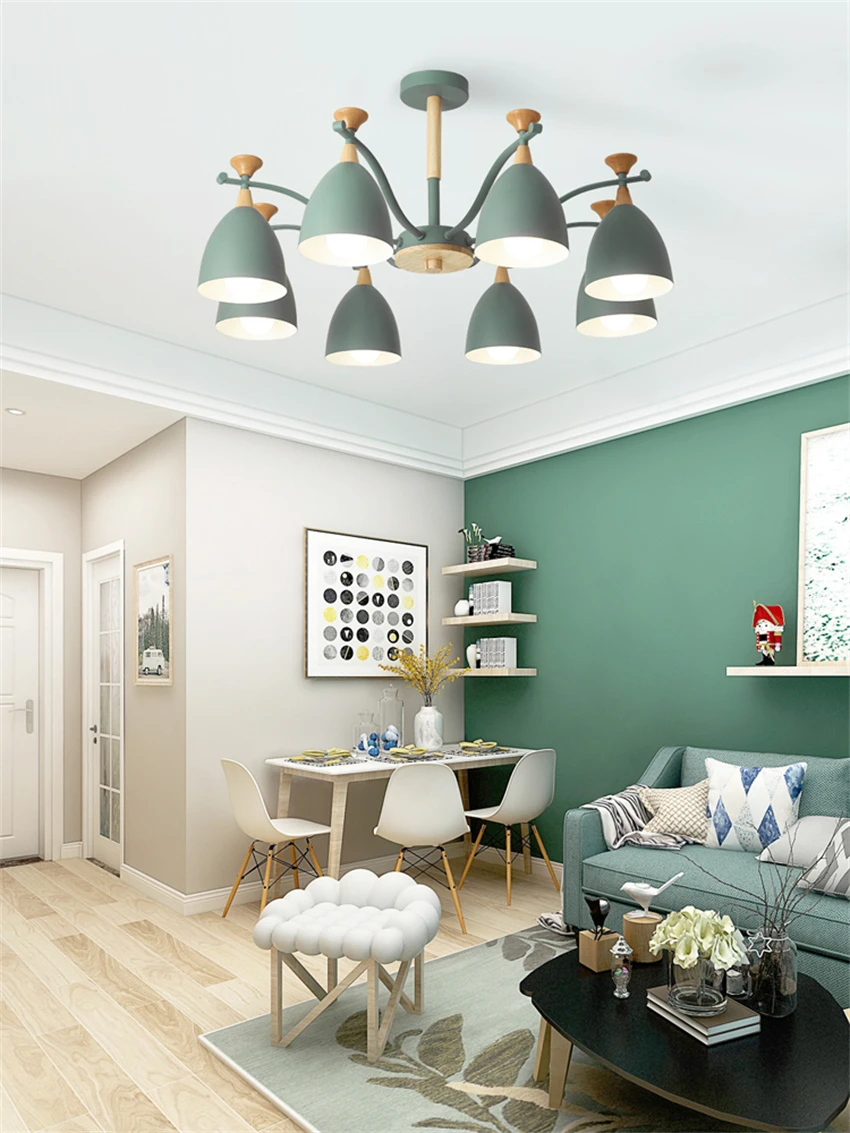 Nordic iron chandeliers lights living room bedroom modern dining room color combination wood lighting hanging lamps luminaires