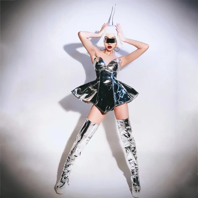 

Punk Style Nightclub Bar Gogo Costume Silver Laser Dress Headwear Sexy Pole Dance Clothing Women Stage Show Outfits XS2453