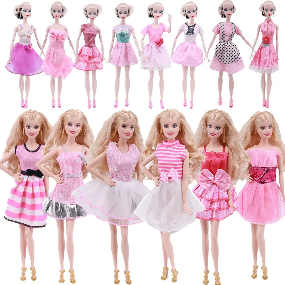 1 Set Fashion Pink Outfit Wave Point Dress Grid Skirt Daily Casual Wear Accessories Clothes for 11.8'' Barbies Doll Clothes Shoe