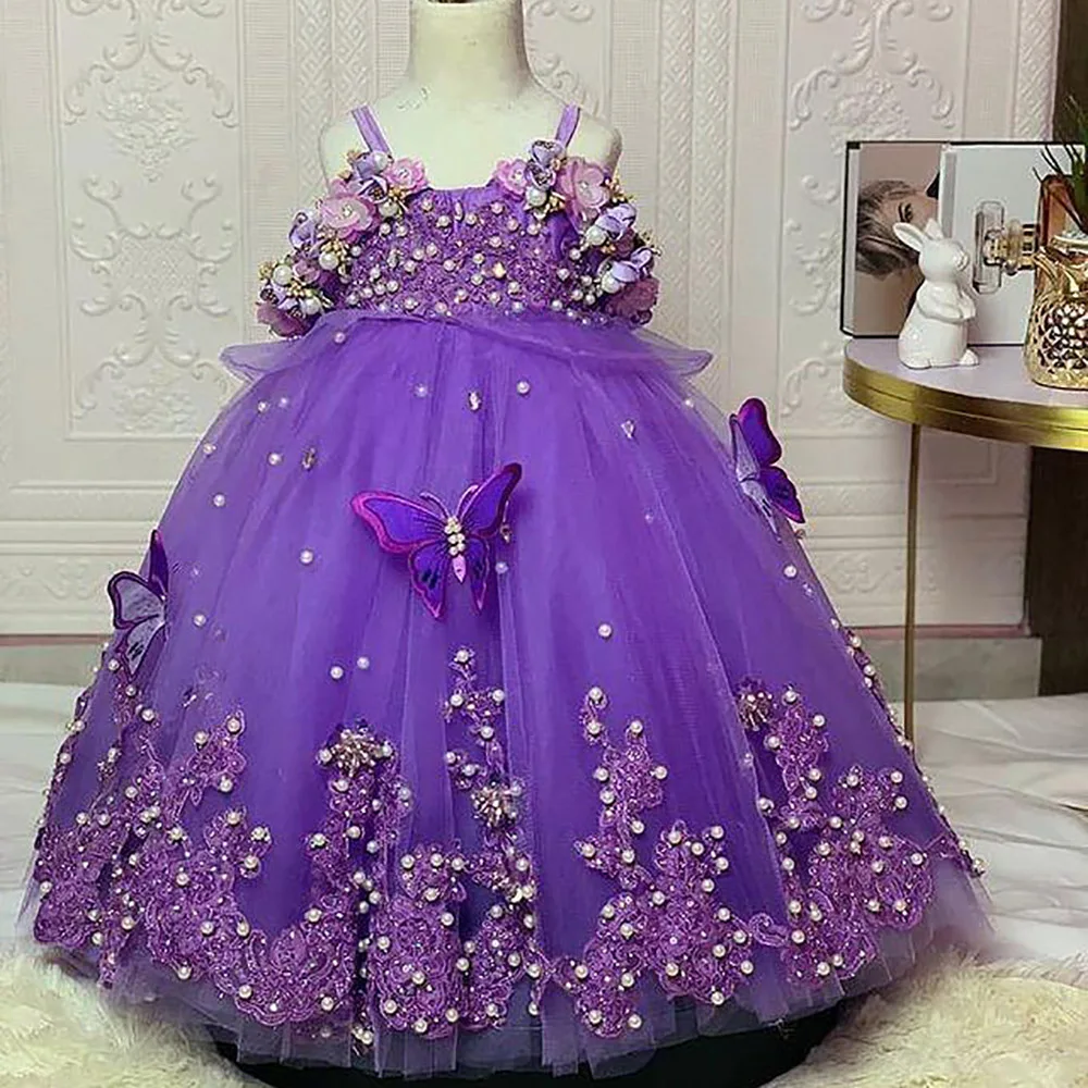 

Flower Girl Dresses Luxurious Purple Ball Gown Tulle Lace Pearls Lilttle Kids Birthday Pageant Weddding Gowns