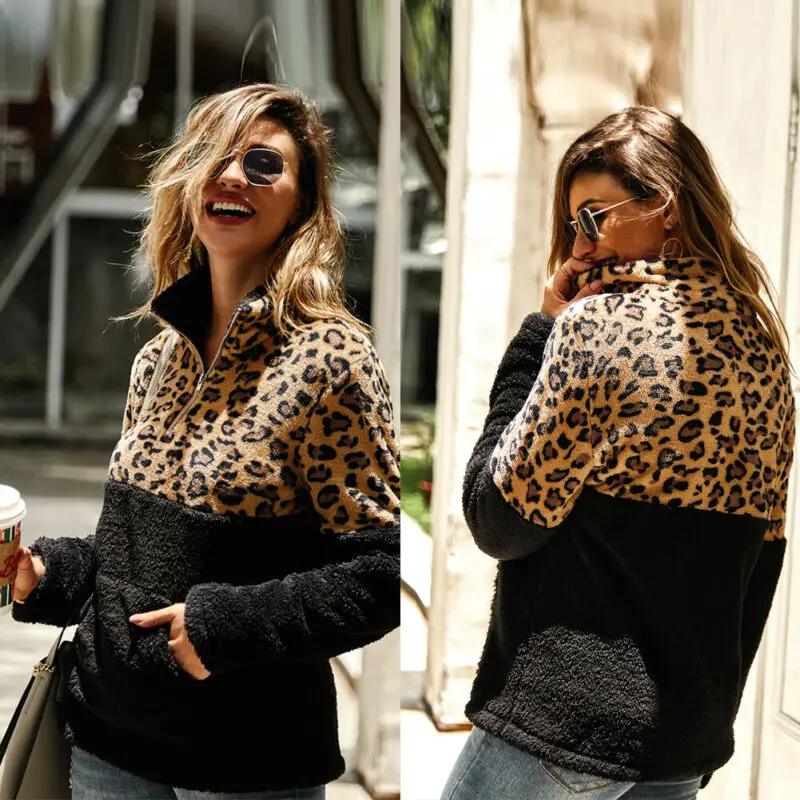 2019 Winter Fleece Sweater Fashion Leopard Patchwork Fluffy Thick Sweaters Warm Zipper Pullovers Women Winter Coat Sherpa Tops