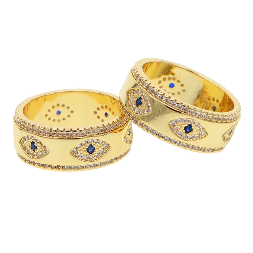 Engraved CZ Evil Eye Gold Color Wide Engagement Band Rings For Lady Women Party Gift Finger Jewelry Classic Summer Lucky Ring