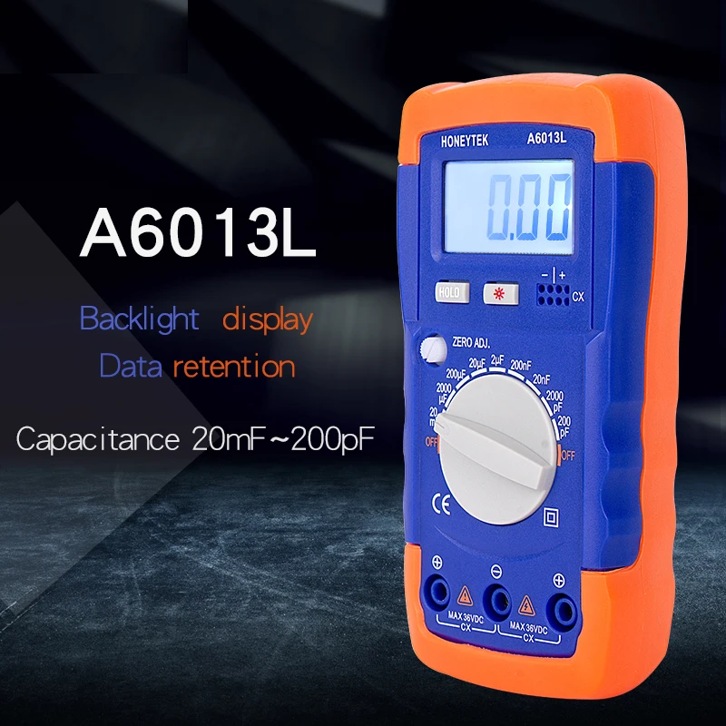 A6013L Meter Capacitance Tester 1999 Count LC With Set Of Probes Feelers 200pF-20mF Capacitor Meter Data HOLD With LCD Backlight