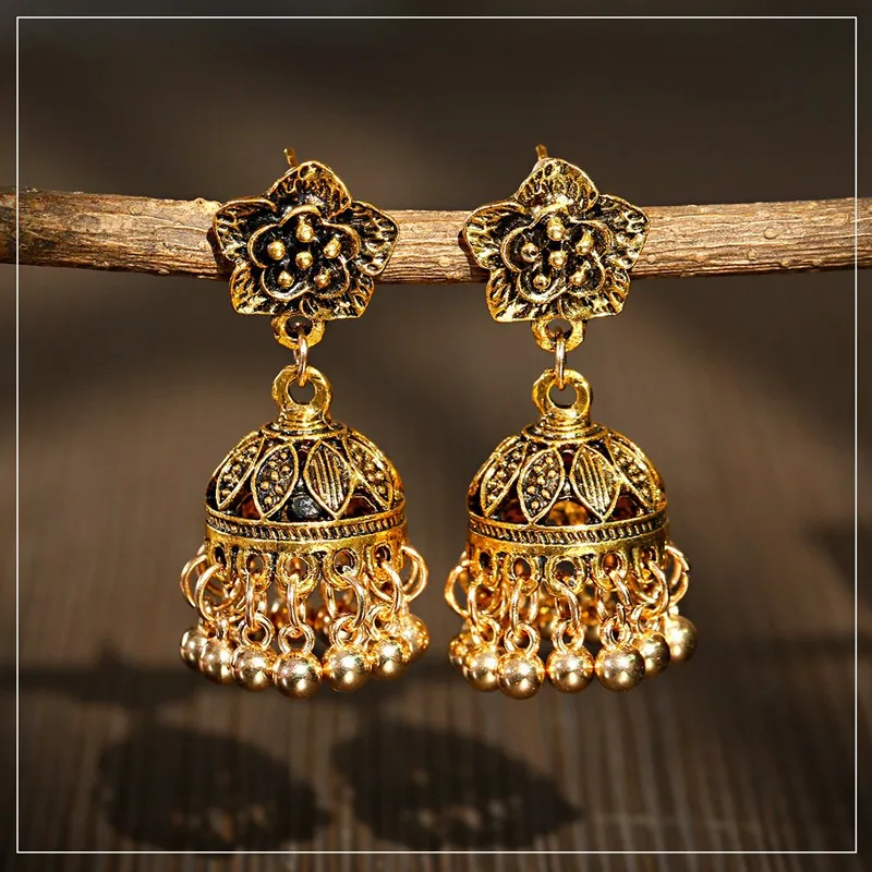 Women's Boho Vintage Ethnic Indian Jhumka Earring Gold Color Bell Tassel Flower Carved Drop Dangle Earrings Gypsy Jewelry