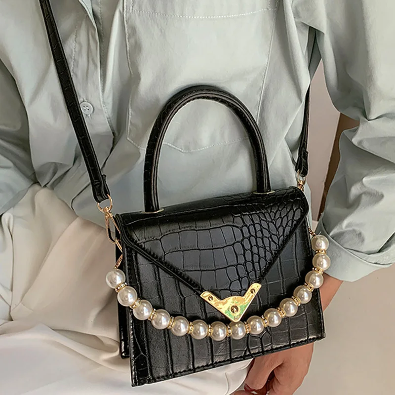 

Fashion Handbag Classic Stone Pattern Flap Square Hand Bag Leather Crossbody Bag Top Handle 2021 Fashion Clutches Pearl Chain