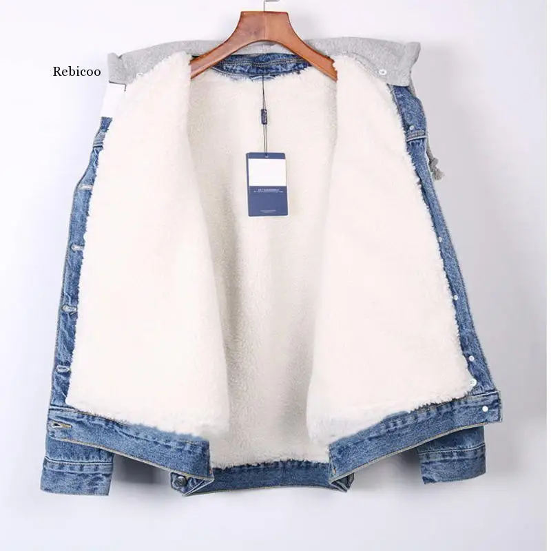 

Autumn And Winter Denim Jacket Women Short Winter Imitation Lamb Fleece Thickened Detachable Hooded Warm Befree Veste Femme Coat