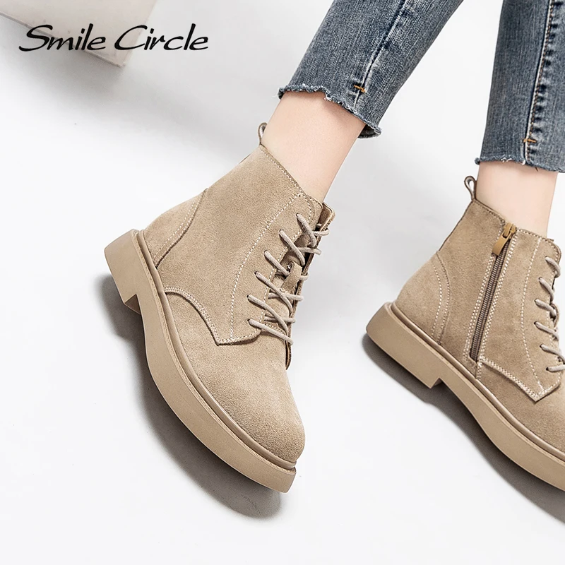 Smile Circle Autumn Ankle Boots Suede Leather women Flat platformShort Boots Ladies shoes winter boots