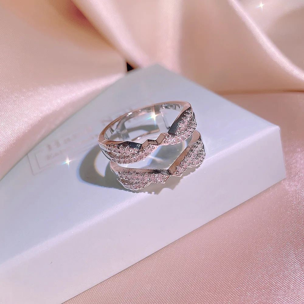 Double-deck 100% Silver Color Clear CZ Simple Finger Rings For Women Wedding Engagement Jewelry Girlfriend Gift