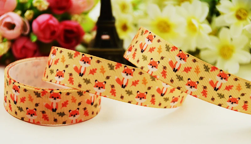 22mm 25mm 38mm 75mm fox cartoon printed Grosgrain Ribbon party decoration 10 Yards X-03686