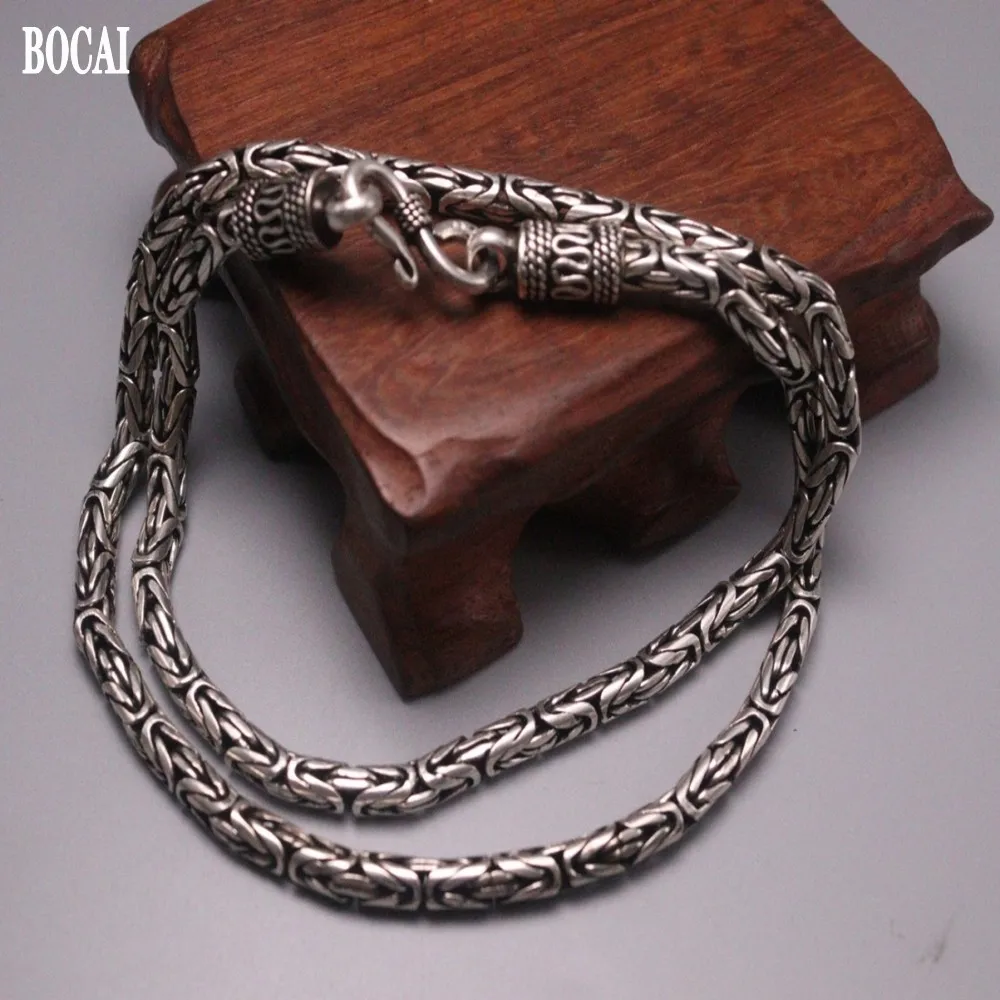 BOCAI 4MM New Real S925 Pure Silver Fashion Man Necklace Trendy Braided Peace Pattern Jewelry Accessories