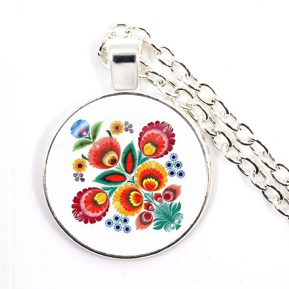 Ethnic Polish Folk Art Pattern Glass Cabochon Necklace Bohemia Fashion Flower Print Round Jewelry Pendant For Women Men Gift