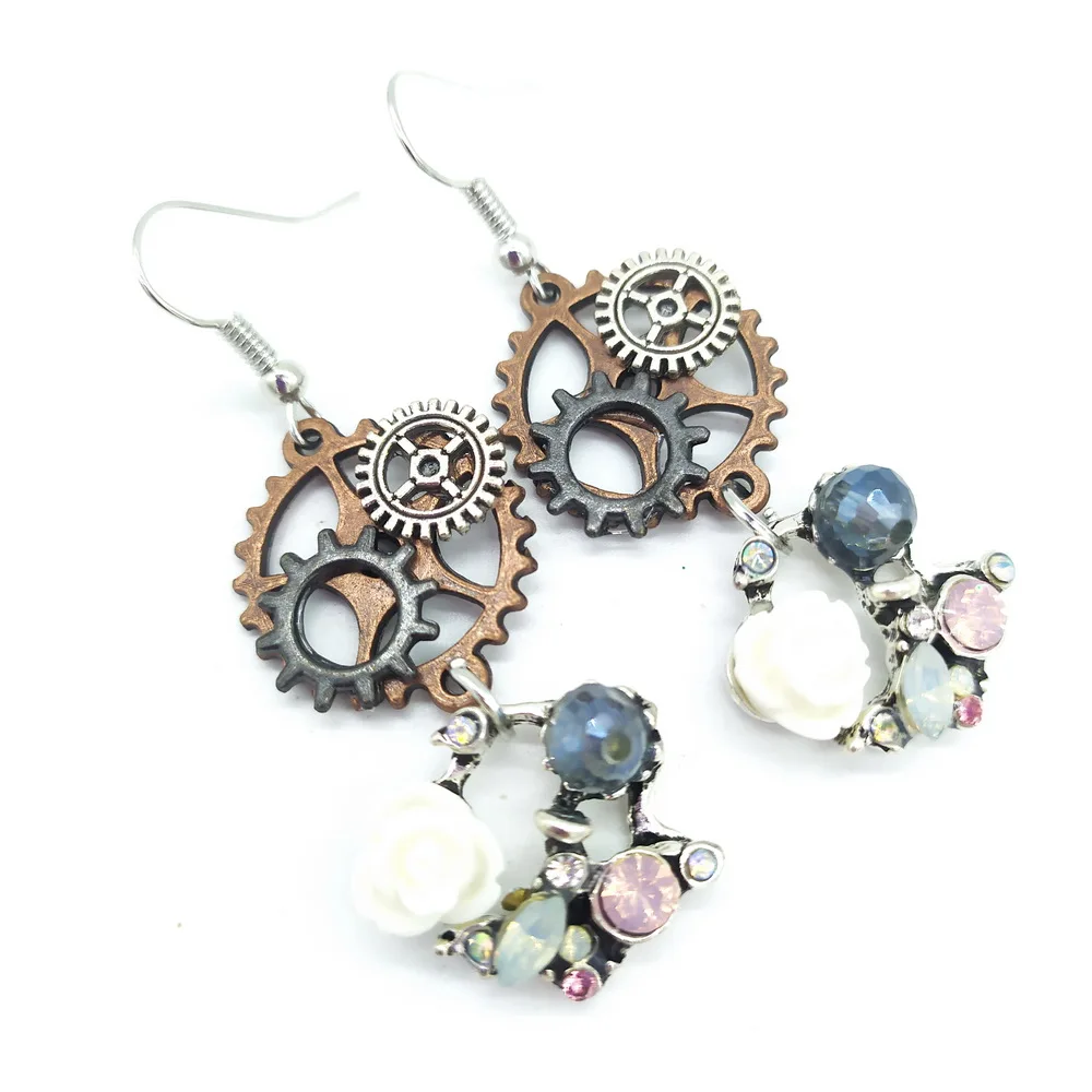 2020 New Original Design Mixture Gears with Floral Hoop Women`s Steampunk Earring