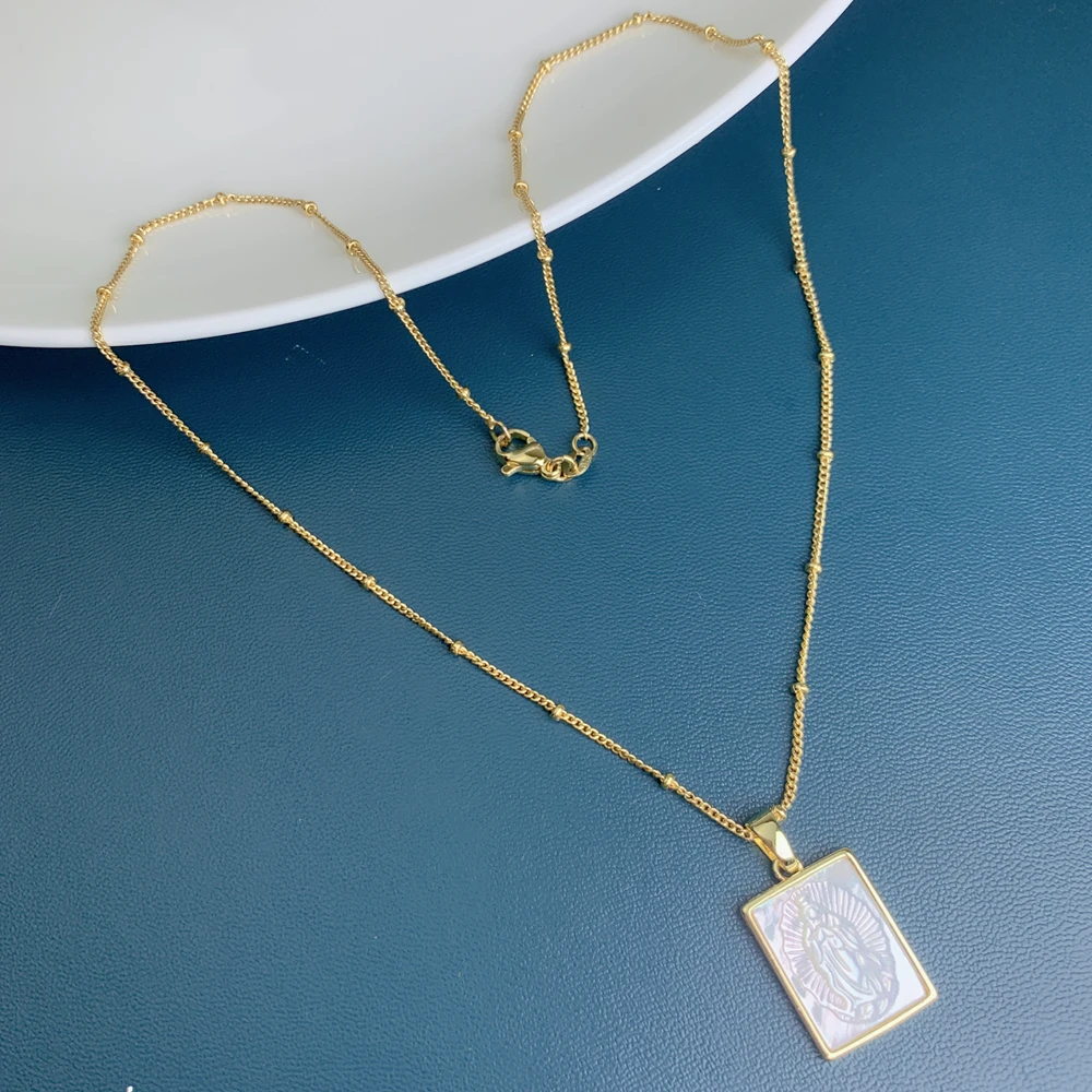 Natural Mother of Pearl Shell Guadalupe Virgin Pendant Necklace Religions Vintage Jewelry For Women