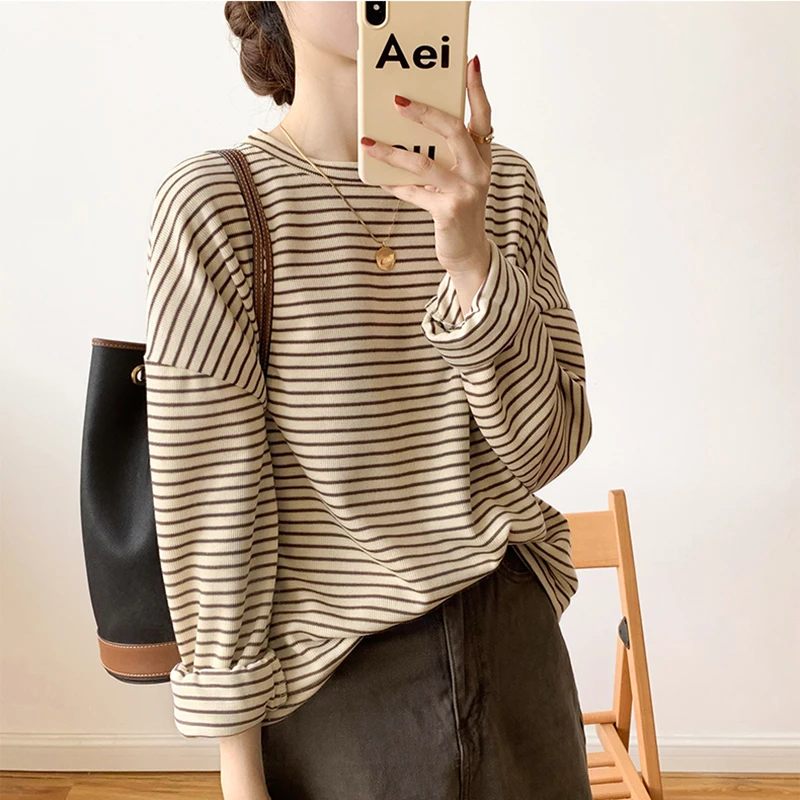 AOSSVIAO 2024 100% Cotton Stripe T Shirt Women Harajuku Basic Loose Long Sleeve Tees Soft Female Solid Tops Khaki Summer Jumper