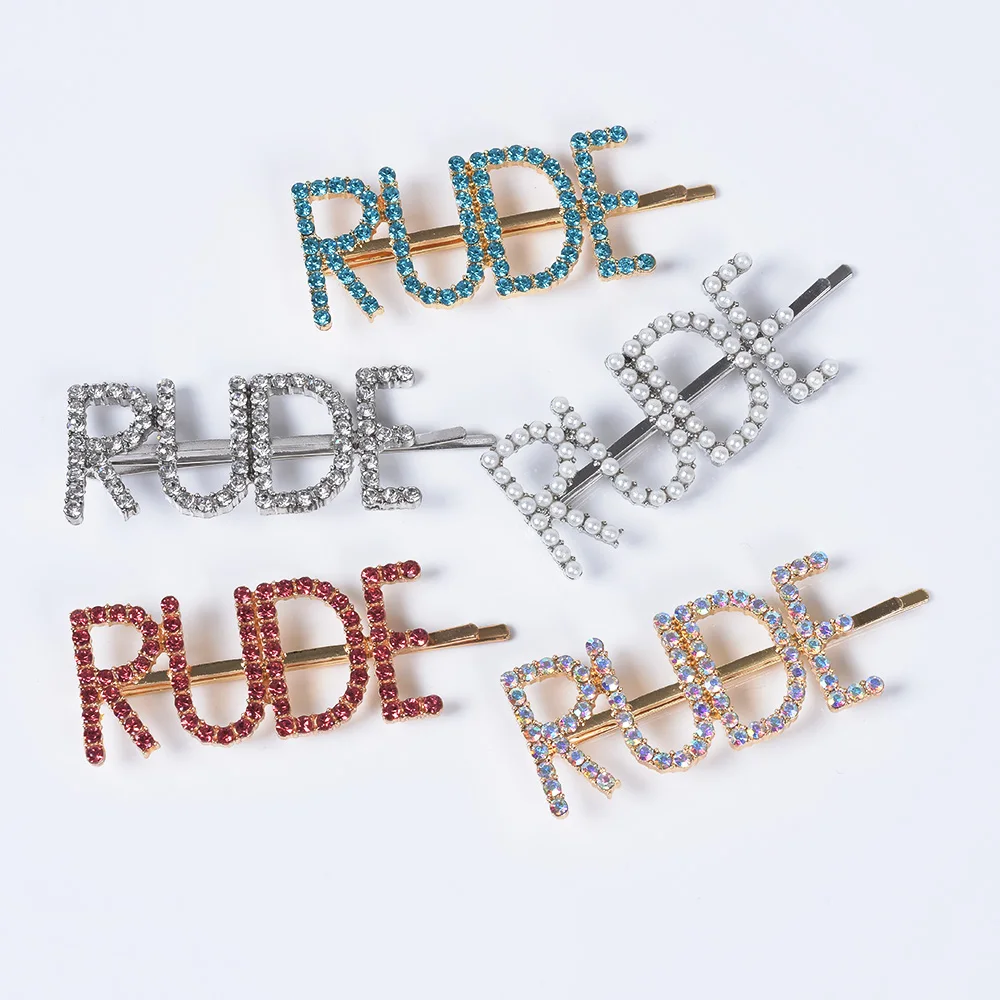 Fashion Crystal Rhinestones RUDE Letter Hair Pin Women Girls Cute Hair Clip Jewelry