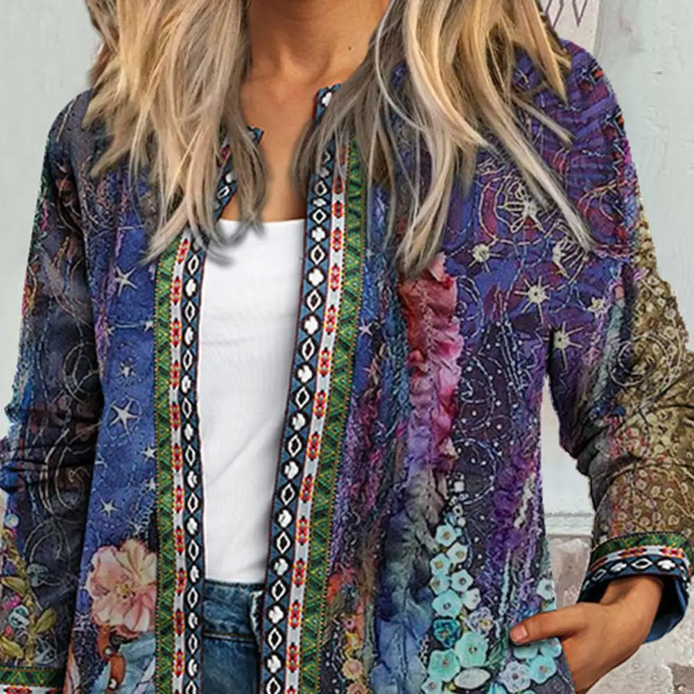 Autumn and winter cardigan women\'s retro and novel ethnic floral print long-sleeved tunic jacket women\'s loose jacket chic top