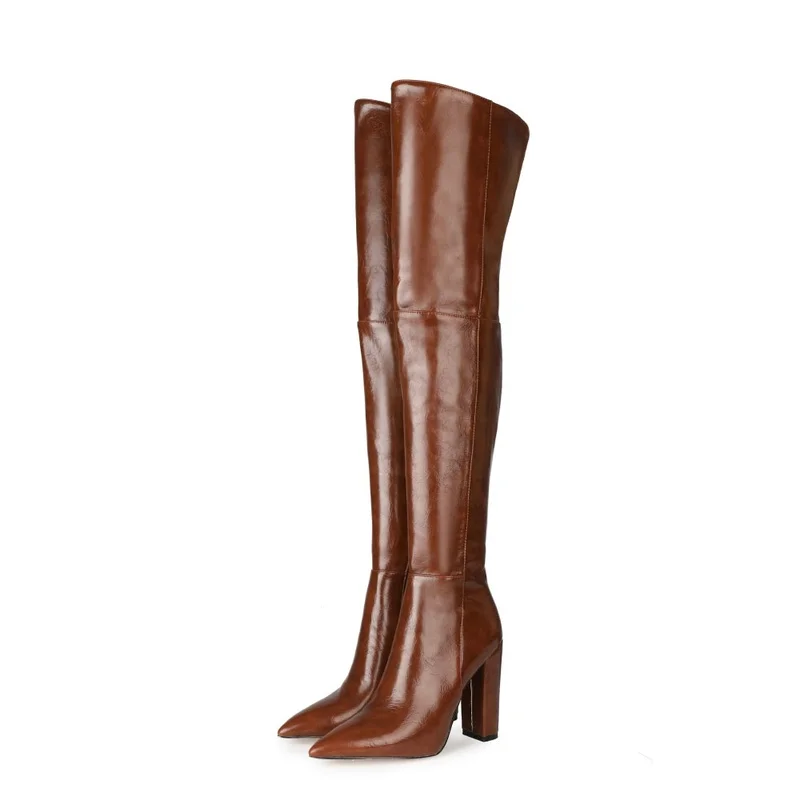 2024 Women\'s Faux Leather Thigh-High Boots - Pointed Toe Stiletto Heel, Over-The-Knee Winter Autumn Fashion Chic Footwear