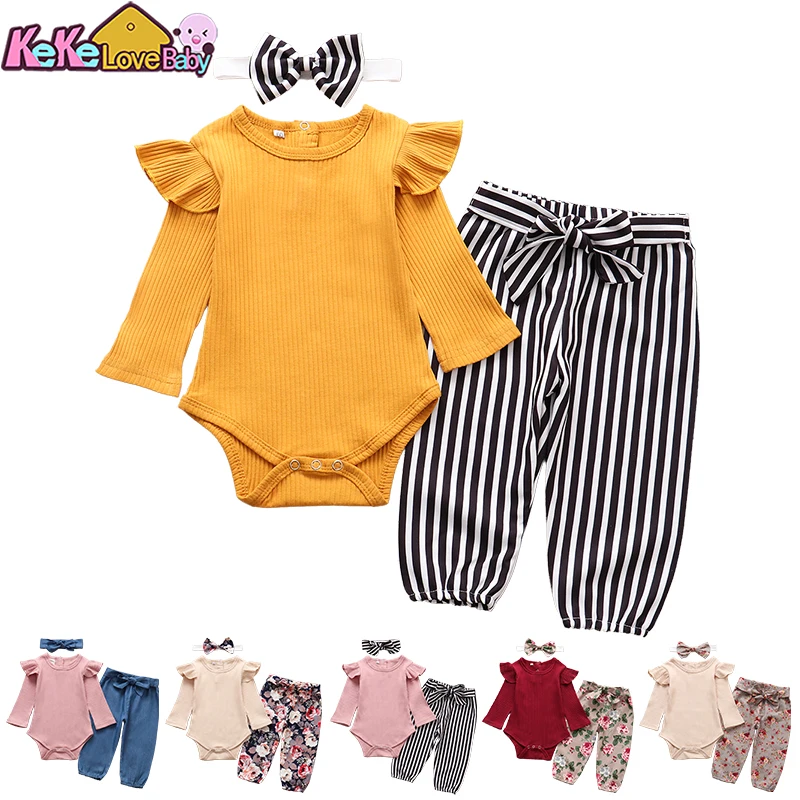 Newborn Baby Girl Clothes Set Autumn Long Sleeve Solid Color Ruffle Romper Striped Pants Headband 3Pcs Infant Outfits Clothing