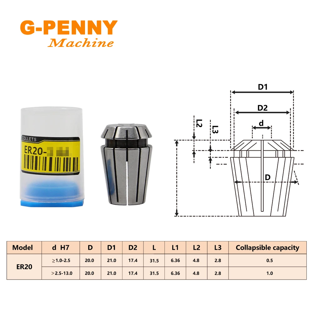 G-PENNY Machine Spindle Collet ER20 Precision 0.015 Collet 1-13mm,1/4,1/8,1/2mm Collet for CNC Milling lathe tool and spindle