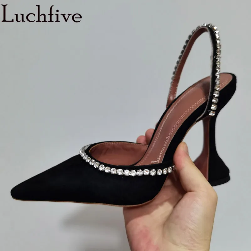 

Hot Sale Pointy Toe Goblet High Heel Sandals Woman Sexy Black Dress Party Shoes Summer Inlay Crystal Gladiator Slingbacks Mujer