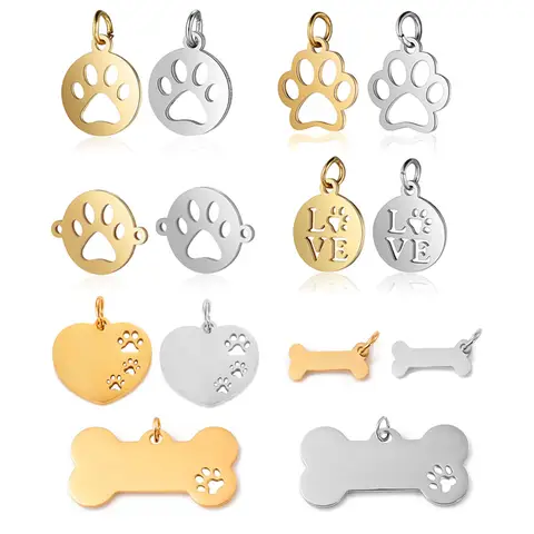 5Pcs Animal Stainless Steel Pet Paw Print Dog Cat Bone Pendants DIY For Jewelry Making Connectors Handmade Puppy Craft Wholesale