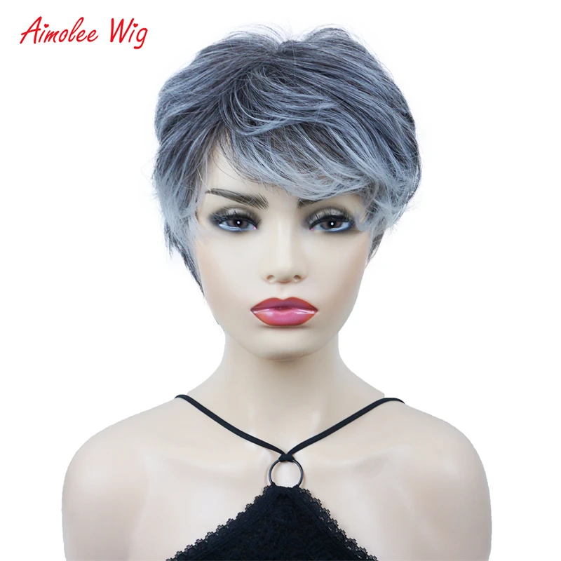 Aimolee Black Gray Mixed Short Straight Pixie Cut Natural Fashion Hair Wig for Women