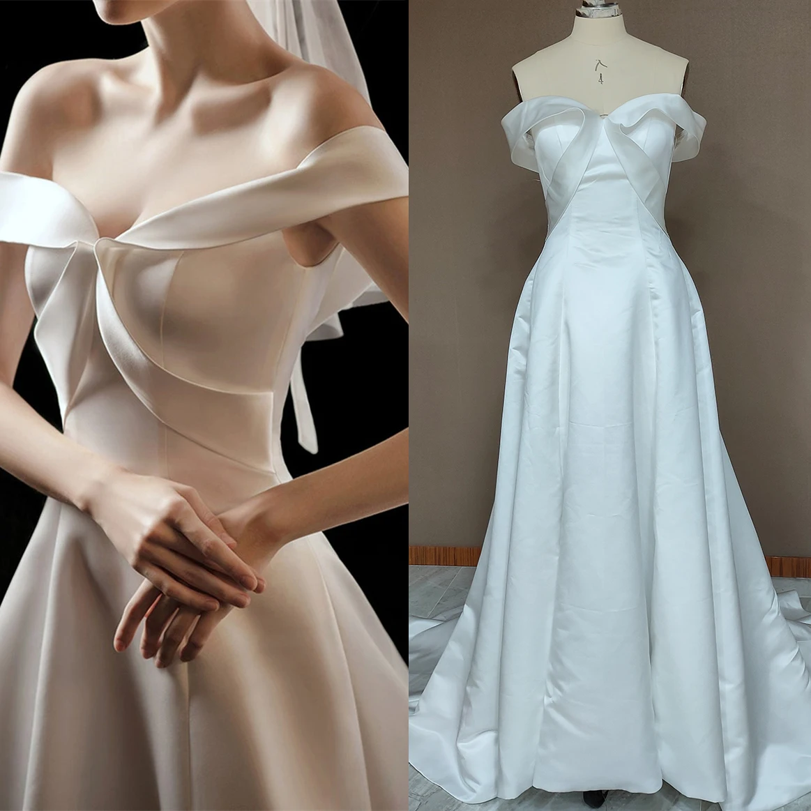 Factory Prijs Real 'S Uit Schouder Satin Micro Bruidsjurken Lace Up Custom Made Simple A Line Modest Lange Bridal jurk