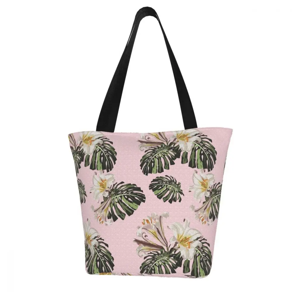 

Lily Floral Summer Wild Palm Leaf Canvas Shoulder Totes for Women Handbags Eco Reusable Shopping Bag Vintage Female Beach Bag