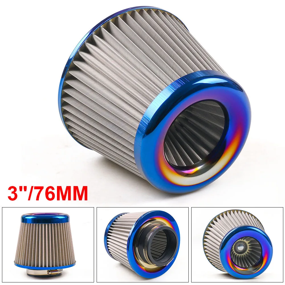 Universal 3'' / 76mm Air Filter Stainless Steel Burnt Blue Power Intake High Flow Cold Air Intake Filter Cleaner TT102086