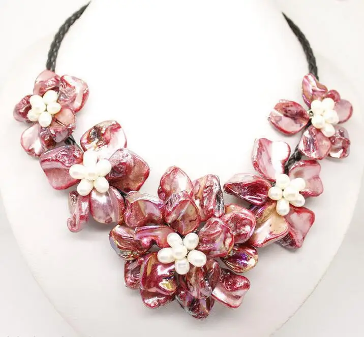 

Hot sale new Style Stunning Handmade Red Freshwater Pearl Sea Shell Flower Leather Necklace 18"