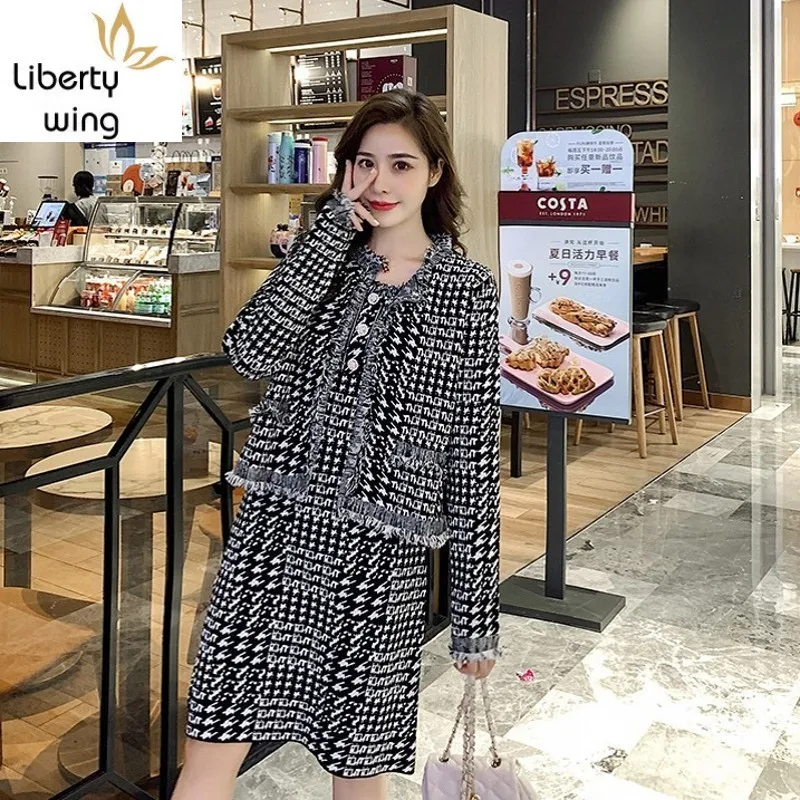 

Office Ladies Plus Size Autumn Winter Tassel Tweed 2Pcs Sets Long Sleeve Short Jackets Sleeveless O-Neck Slim Fit A-Line Dresses