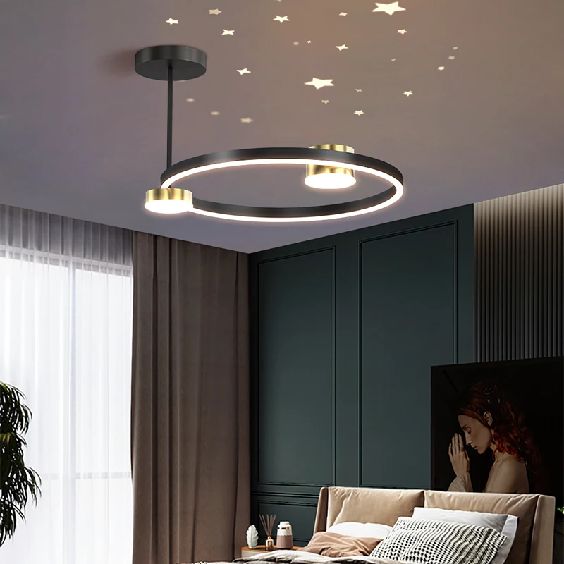 

Modern Ceiling Chandeliers Gold Black Circle Star Projection Pattern Stylish Simplicity Personality Living Room Bedroom Lighting