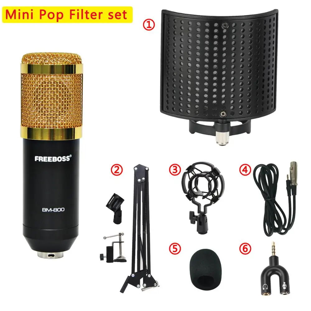 Freeboss BM-800 KIT Dudukan Lengan Kejut Plastik 3.5 Plug Mikrofon Kondensor PC Komputer Penyiaran Rekaman Vokal Studio