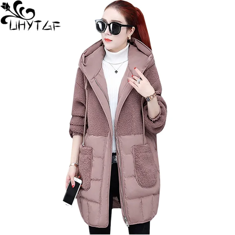 

UHYTGF 3XL Big size coat woman mid-length casual winter jacket parker women down jacket hooded wild warm winter cotton coat1780
