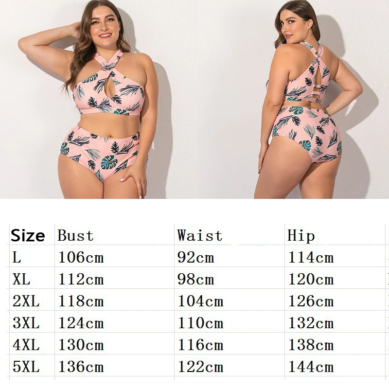 Rimiut plus size feminino conjunto de biquíni de gordura sexy cruz poliéster felmale roupa de banho planta impresso 5xl 4xl tamanho grande biquíni