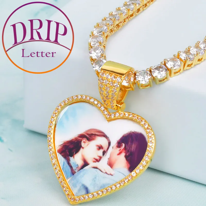 Drip Letter Custom Photo Necklace for Men Solid Back Heart Pendant Medallions Charms Hip Hop Real Gold Plated Fashion Jewelry