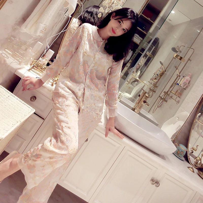 Spring Autumn Floral Embroidery Silk Women 3 Pieces Pajamas Sets Sexy Lingerie Female Sexy Underwear Homewear