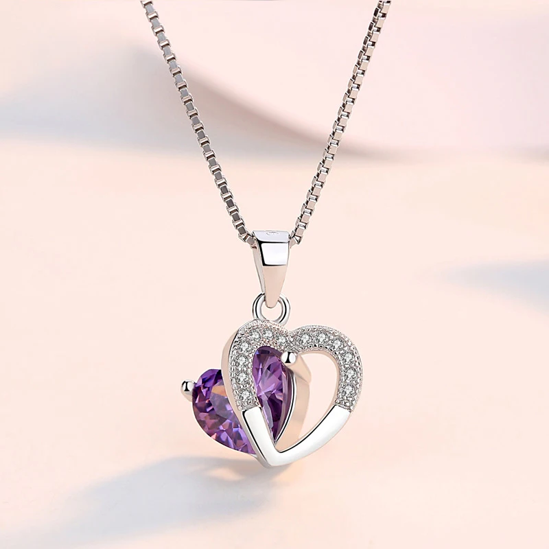 Hot Sale Fashion 925 Sterling Silver Double Heart Pendants Necklace Purple AAA Cubic Zirconia Drop Necklaces Women Jewelry Gift