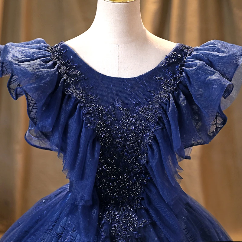 AnXin SH vintage azul marino flor encaje o cuello rebordear cristal princesa volantes manga corta vestido de baile vestido de noche personalizado