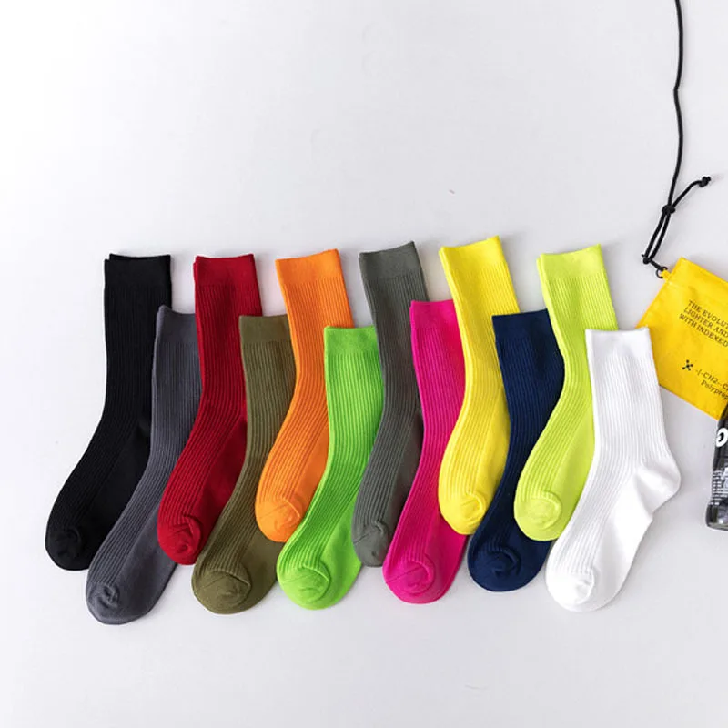 CHAOZHU Male Basic Cotton Casual Rib Stretch Socks Men High Quality Crew Long High Autumn Winter Casual Sox Neon Green Yellow