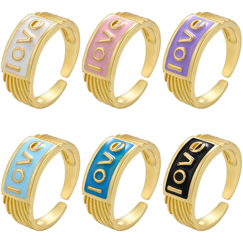 ZHUKOU NEW Gold color LOVE Enamel Women Ring Fashion Color Preserving  Open Ring for women Party Jewelry Wholesale VJ325